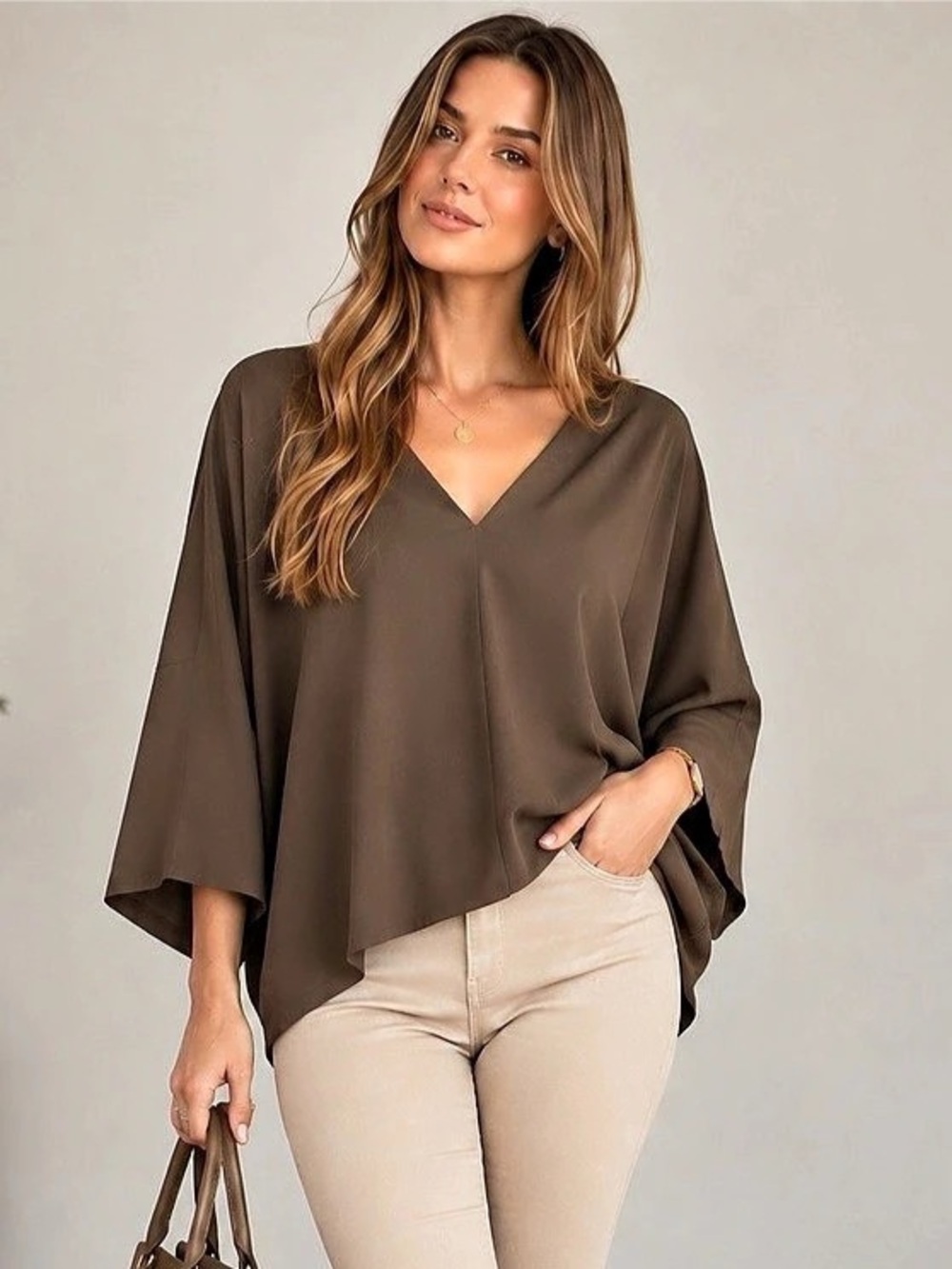 ZARA TRF Taupe Brown V-Neck Oversized Draped Blouse